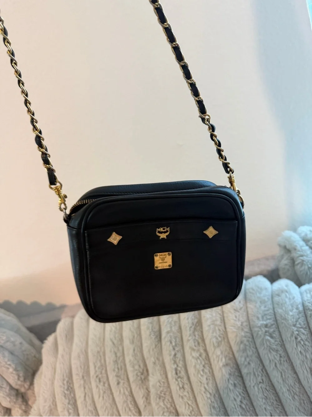 MCM Black Leather Shoulder Bag with Gold Accents